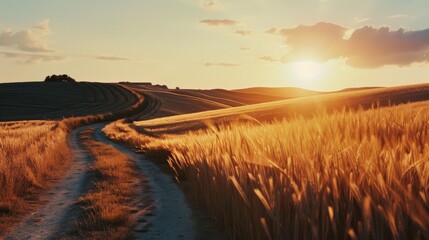 Poster - A serene rural landscape with a winding dirt path through golden wheat fields at sunset, evoking peace and the simplicity of nature.