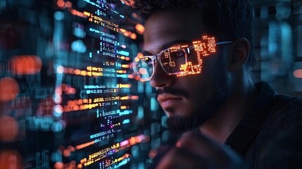 Software Engineer Software engineer developing software, glowing code overlays, no face, 3D illustration
