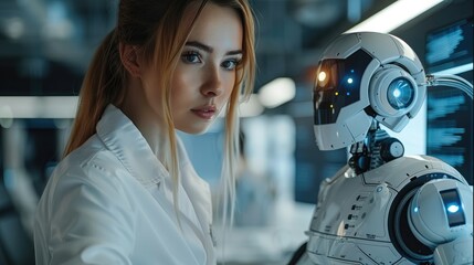 Aufkleber - A female business woman is working with a robot on a computer in the office. Her team member is using AI technology to assist her with her work, writing documents and performing other tasks.