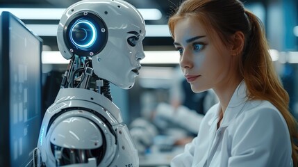 Aufkleber - A female business woman is working with a robot on a computer in the office. Her team member is using AI technology to assist her with her work, writing documents and performing other tasks.