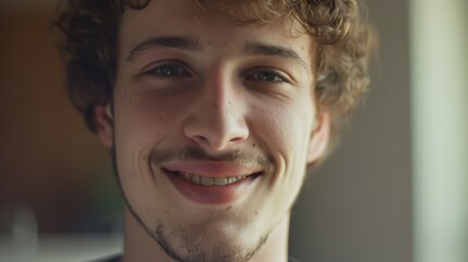 Sticker - A close-up portrait of a young man smiling warmly, captured in soft natural light, exuding a sense of friendliness and warmth.