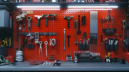 A meticulously organized tool wall in a workshop, with neatly hung tools on a bright red pegboard, under a soft, cool light.