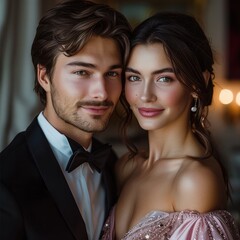 Poster - A beautiful young woman dressed in an elegant pink dress, with brown hair and a nice smile and a handsome man in a black tuxedo.