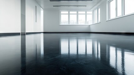 clean and modern room with a glossy epoxy resin floor, well-lit and empty, perfect for use as an off