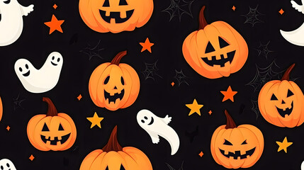 Halloween seamless pattern featuring smiling pumpkins, cute ghosts, and orange stars on a black background