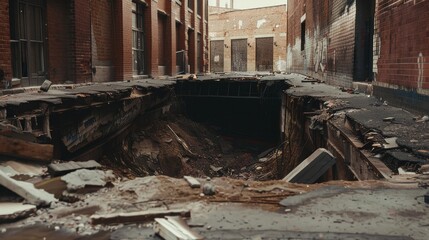 A desolate alleyway with a huge, gaping sinkhole dominating the center, flanked by dilapidated brick buildings under a cloudy sky.