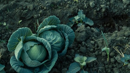 Wall Mural - A lush green cabbage plant flourishes in rich, dark soil, surrounded by budding new growth, capturing the vitality of nature's bounty in a garden setting.