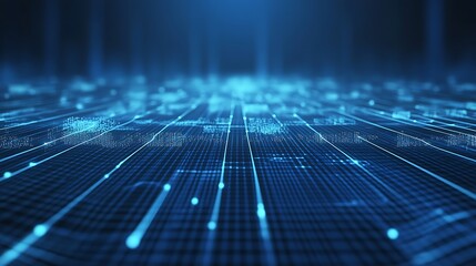 Abstract digital data stream of lines and glowing points on dark blue background.