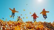 © VK Studio - Children in bright outfits leap joyfully into a pile of golden autumn leaves under a radiant blue sky, celebrating the essence of fall.