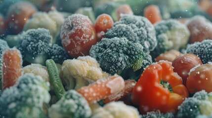 Wall Mural - A close-up of various frozen vegetables, including broccoli, carrots, and bell peppers, covered in frost.