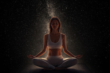 Wall Mural - woman meditating front the universe