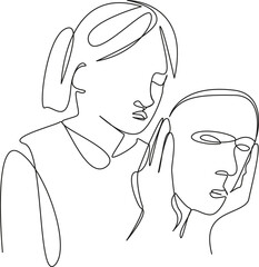 Wall Mural - One continuous single drawing line art flat doodle girl, emotion, theatre, mask, art, actress, director, feeling, friendship, game. Isolated image hand draw contour on a white background
