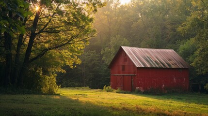 Poster - Red barn bathed in early morning light, nestled in a serene forest clearing, evoking a sense of peace and rural tranquility.