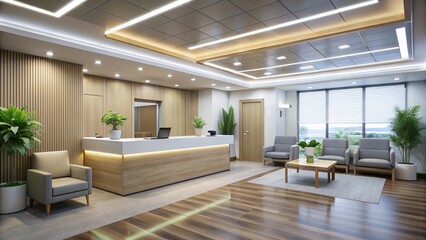 Modern medical facility interior with sleek Reception desk, comfortable waiting area, and rows of exam rooms under