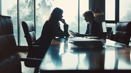 Sticker - Two individuals engaged in a conversation at a well-lit office table, their figures silhouetted against large sunlit windows, conveying collaboration.