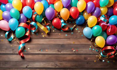 colorful balloons and ribbons rest on a wooden table, creating a festive atmosphere