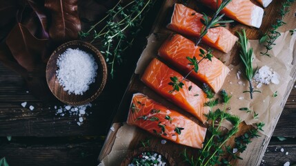 Wall Mural - Close-up of juicy raw salmon fillets laid on a rustic table with sprigs of herbs and coarse salt, ready for a gourmet feast.