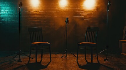 Close-up of two chairs in a dimly lit podcast room, with spotlights highlighting the setup and microphones on stands, suggesting a serious conversation