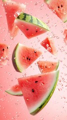 Refreshing watermelon slices floating in a sea of pink, splashed with droplets of water. A vibrant and juicy summer scene that quenches thirst just by looking.