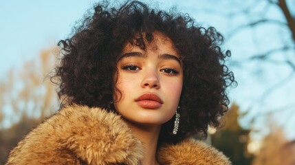 Wall Mural - Trendy biracial girl with curly afro and tooth gem in furry coat, embodying Gen Z fashion and self-expression