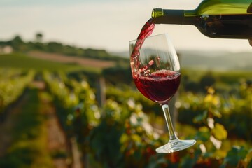 A pour of red wine gracefully fills a glass, highlighting the lush, sun-kissed vineyard in the background.