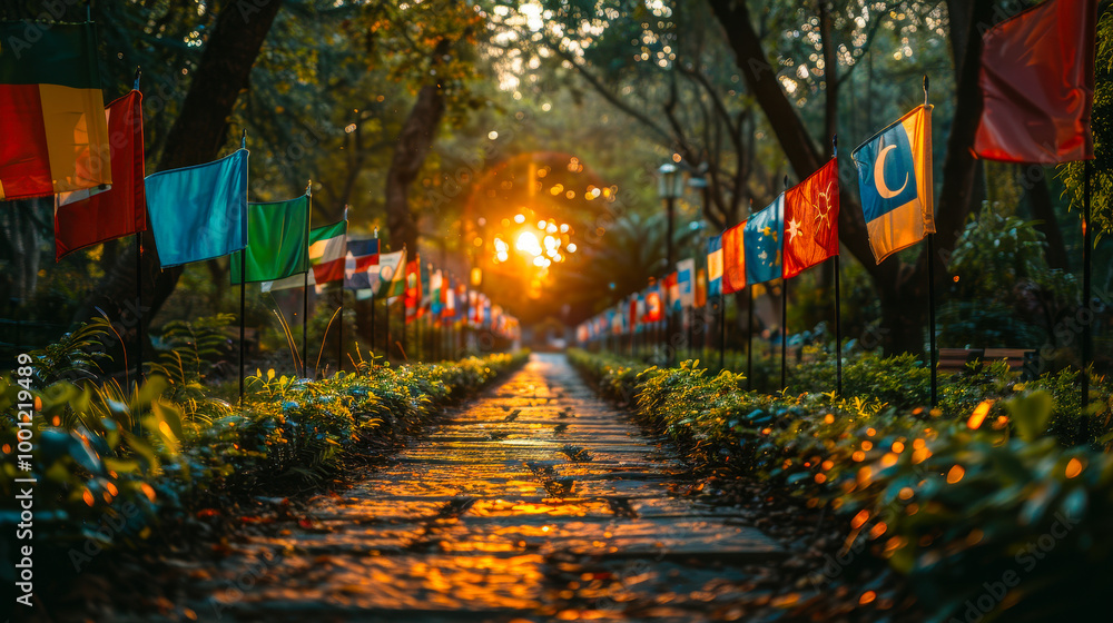 Pathway with International Flags at Sunset Promoting Global Sustainable ...