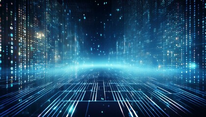 Digital glowing binary code matrix background representing scientific technology data of binary code transmission and network connectivity concept