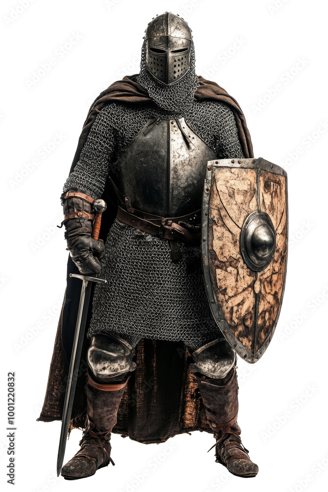 Front view of knight in full armor with sword shield isolated on white ...