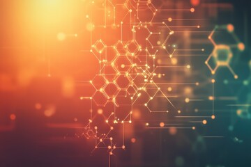Leinwandbilder - Abstract illustration of molecular structures and chemical connections with a warm orange glow in a scientific setting. Generative AI