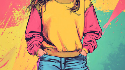 A colorful illustration of a woman in a yellow sweater with pink sleeves and blue jeans.