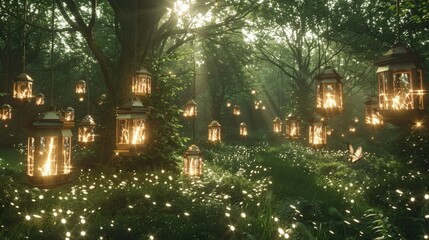 A magical forest adorned with lanterns emitting a magical glow, a backdrop of a whimsical fantasy world.