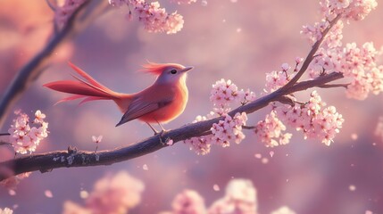 Bird on a cherry blossom branch, vibrant spring illustration