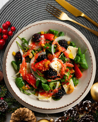 Wall Mural - Healthy red berry and brie salad. Top view table with Christmas decorations.