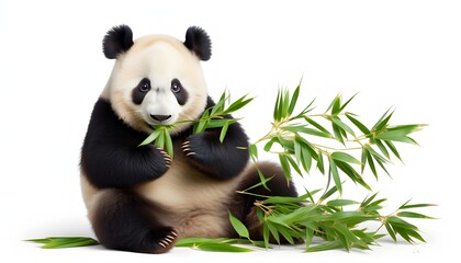 Playful panda cub relishing delicious bamboo shoots in a lush green setting