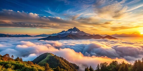Serene and majestic landscape featuring a majestic mountain range at sunset, with fluffy white clouds and a subtle