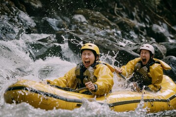 Two people in yellow rafting gear navigate a challenging water rapid, their expressions filled with thrill and excitement as they are splashed by the water.