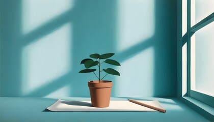 Wall Mural - colorful pencils resting on a white paper backdrop with a serene window view in the background