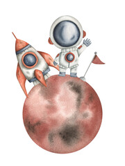 Wall Mural - Space watercolor hand-drawn illustration with cute little astronaut and rocket on Mars. Expedition to Mars. Сartoon composition for kids