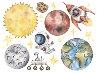 Wall Mural - Space watercolor hand-drawn set of illustrations with astronaut, rocket, rover, Sun, Moon, Earth, Mars and meteorite . Cute cartoon composition for kids