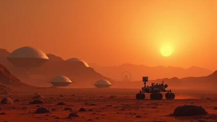 Generative AI, a computer generated image of a mars rover in the desert with the sun in the background and mountains in the distance, solarpunk, a detailed matte painting, space art
