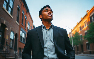 Portrait of confident African American man in business suit with white shirt on city street.