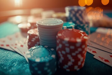 Fototapete - A lively casino table showcasing colorful poker chips and playing cards during an exciting game night. Generative AI