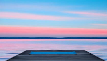 Serene yoga mats positioned on a wooden dock with a peaceful lake view at sunrise