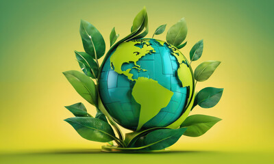 a green globe surrounded by leaves sits on a yellow background