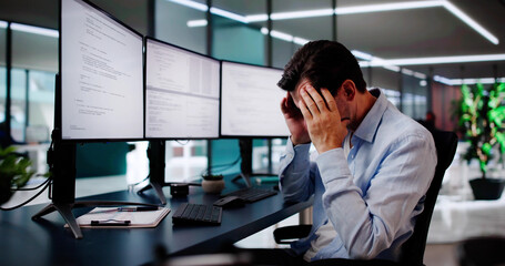 Wall Mural - unhappy sad developer programmer man in stress coding software