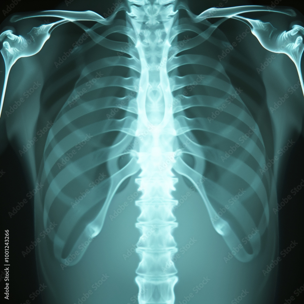 Chest X-ray of human rib cage and lungs showing clear skeletal ...
