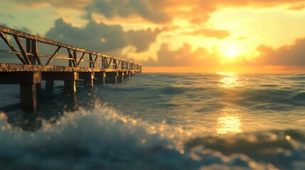 Broken steel bridge extending into the sea, perfect for watching sunrises, sunsets, and fishing. Serene beach scene with slow-motion sea waves. 