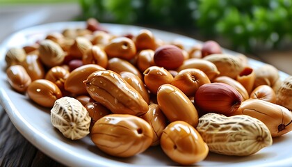 Savory selection of salted peanuts on a rustic plate