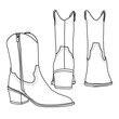 © didiwidjanarko - Women's Cowboy Boots with Zipper Pull-On Stitched Line art, Technical sketch hand drawing outline vector doodle illustration Side, front and rear view isolated on white background