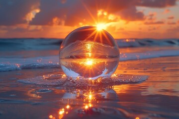 reflective glass sphere on sandy beach capturing glowing sunset and serene starburst atmosphere